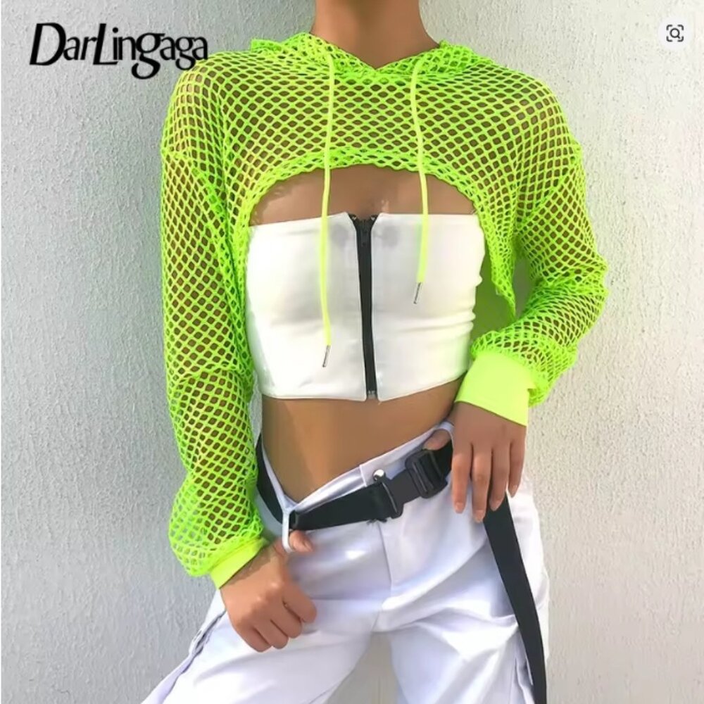 NWT Neon Green Mesh Fishnet Hooded Streetwear Crop Top
